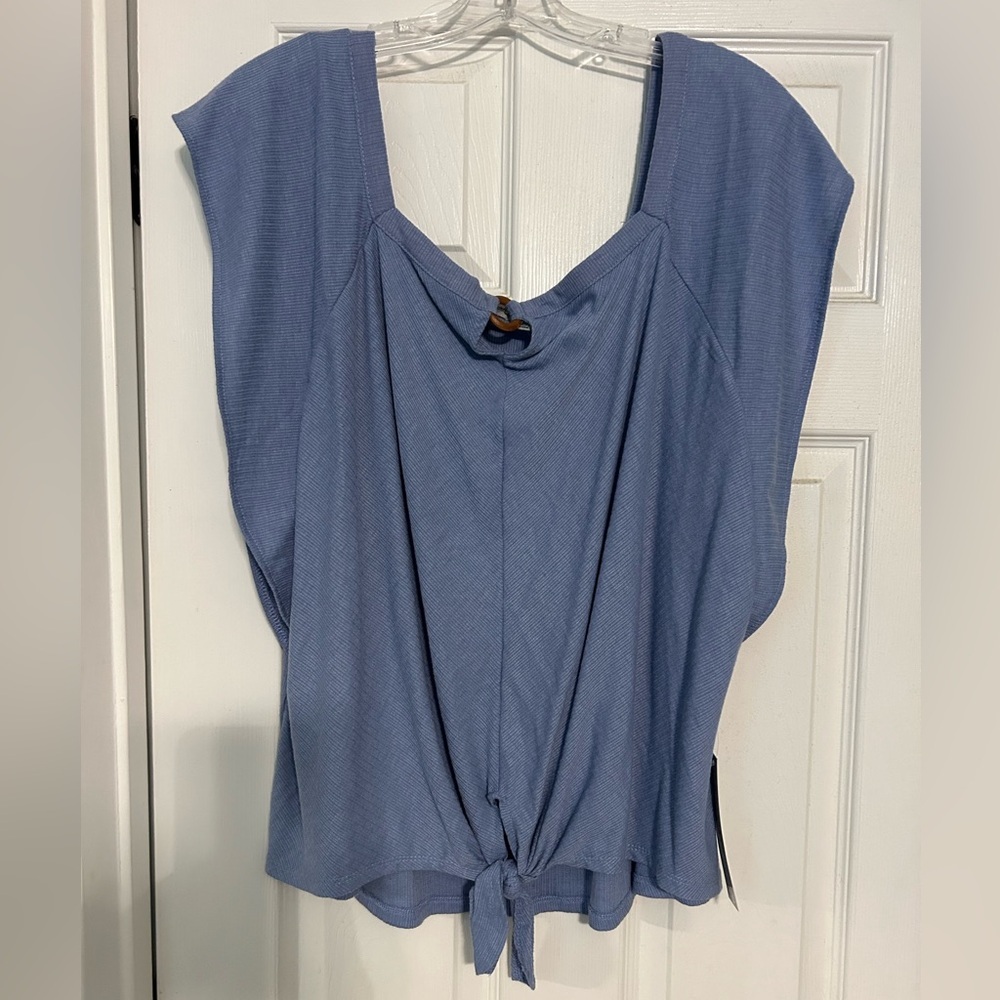 Absolutely Famous Top Womens 3X Blue Blouse Ribbed Knit‎ Tie Waist Stretch